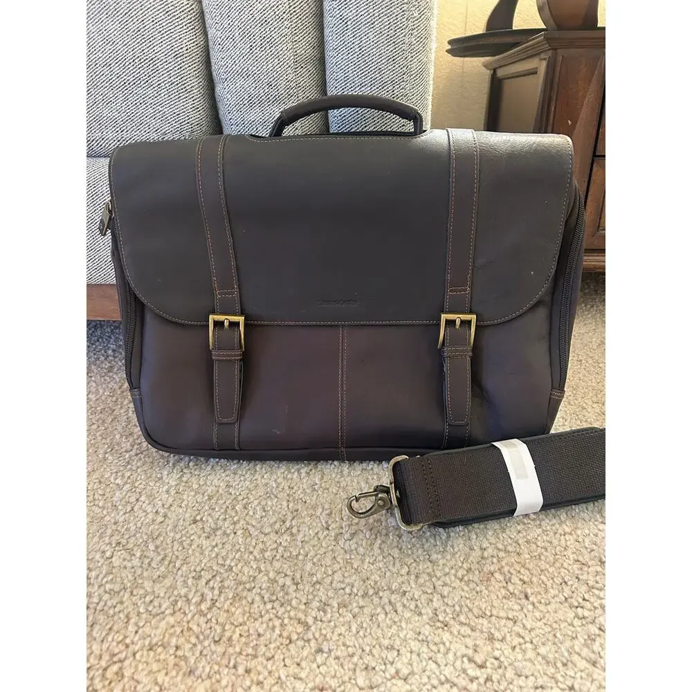 Samsonite Brown Leather Double Gusset Laptop Briefcase Messenger Bag 15.6”